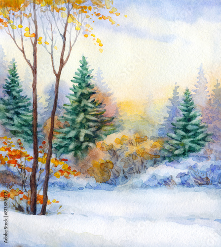 Watercolor landscape. Winter in the forest © Marina