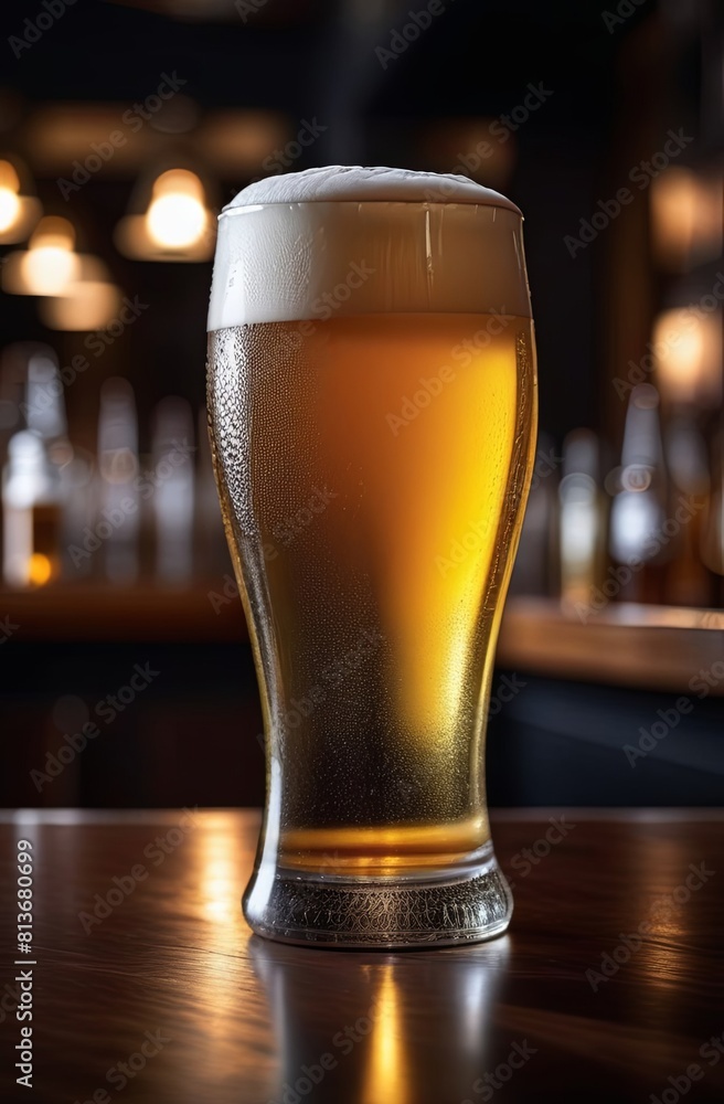 A glass of a cold beer on the bar. Dark background. Advertising of drinks. A poster for a bar.