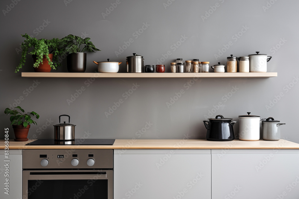 Modern kitchen interior with built in cooker and shelves. Modern kitchen interior with built in cooker and shelves.