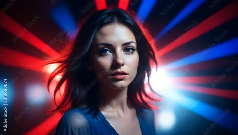Naklejka premium A woman wearing a blue dress standing in front of red and blue lights