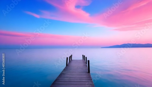 A dock stretching into the calm blue water under a pink sky  with no people present