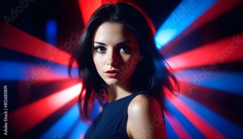 A woman stands in a black dress with red and blue lights illuminating behind her
