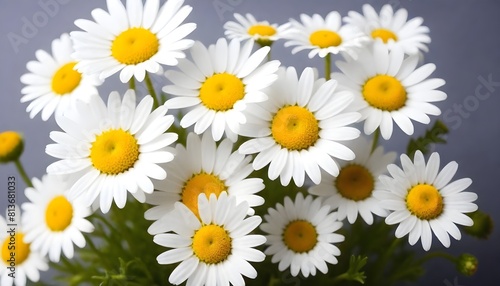 A bunch of white daisies arranged in a transparent vase against a grey backdrop