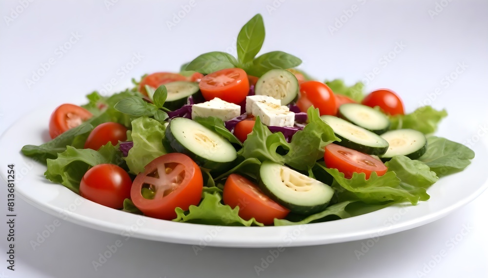 A salad featuring ripe tomatoes, crisp cucumbers, leafy lettuce, and crumbled feta cheese arranged on a plate A salad featuring ripe tomatoes, crisp cucumbers, leafy lettuce, and crumbled feta cheese arranged on a plate