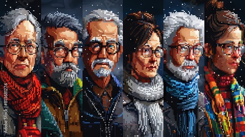 Pixel Art Portraits of Diverse Elderly and Young Adults in Winter Attire © AS Photo Family