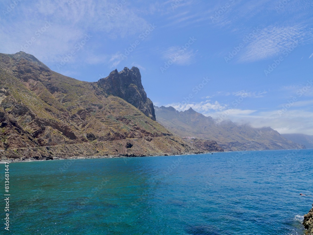 Seaside view to the beach Playa del Roque de las Bodegas and Roque de las Animas mountain from the Roque de las Bodegas, Almáciga, Anaga Rural Park, Santa Cruz de Tenerife, Canary Islands, Spain Seaside view to the beach Playa del Roque de las Bodegas and Roque de las Animas mountain from the Roque de las Bodegas, Almáciga, Anaga Rural Park, Santa Cruz de Tenerife, Canary Islands, Spain