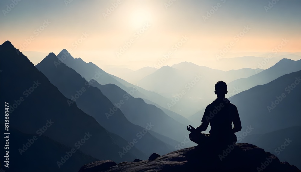 A person sitting with crossed legs on the peak of a mountain, engaging in meditation A person sitting with crossed legs on the peak of a mountain, engaging in meditation