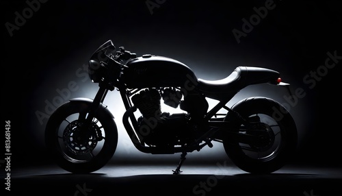 A black motorcycle is parked in a dimly lit room  surrounded by shadows and darkness