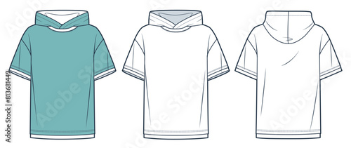 Tee Shirt fashion flat technical drawing template. Short Sleeve Sweatshirt technical fashion Illustration, hood, relaxed fit, front and back view, white, aqua color, women, men, unisex CAD mockup set.