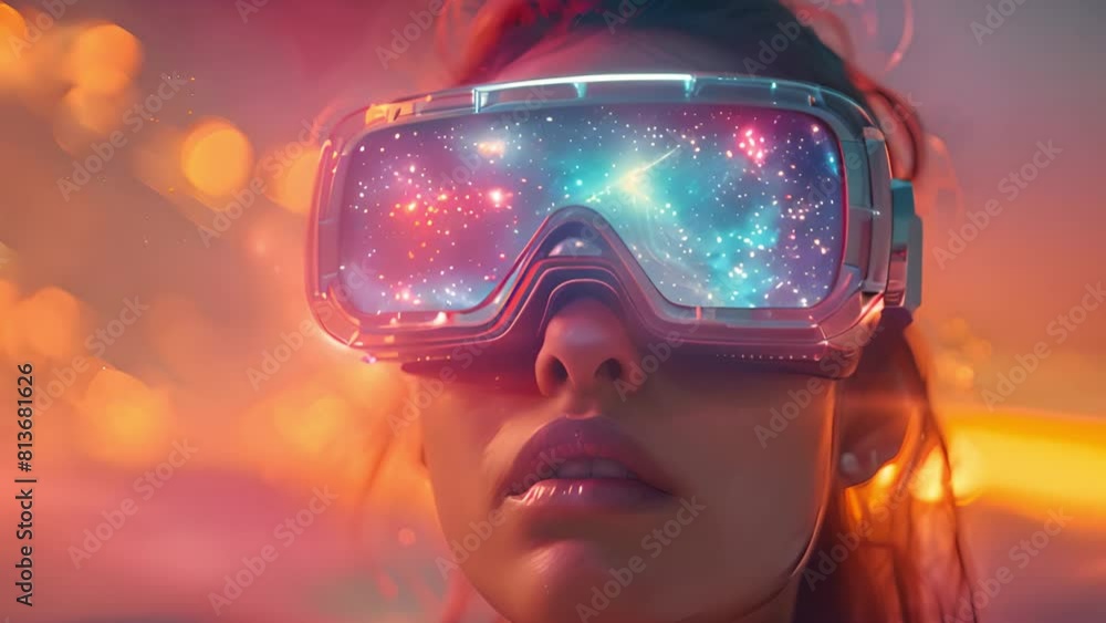 This woman immersed in virtual reality while wearing a pair of high-tech glasses. This woman immersed in virtual reality while wearing a pair of high-tech glasses.