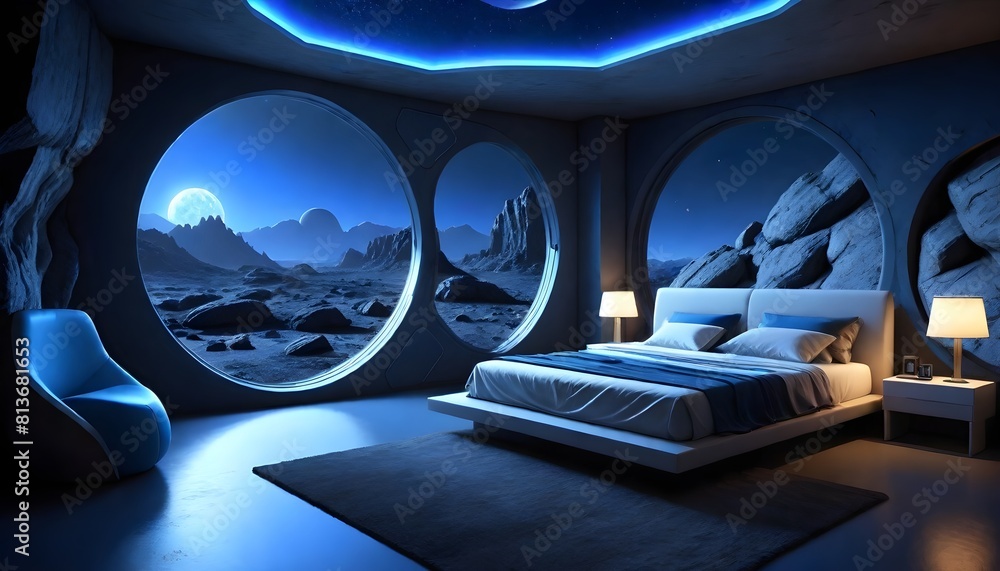 A modern bedroom featuring circular windows and a bed, showcasing a futuristic design aesthetic A modern bedroom featuring circular windows and a bed, showcasing a futuristic design aesthetic