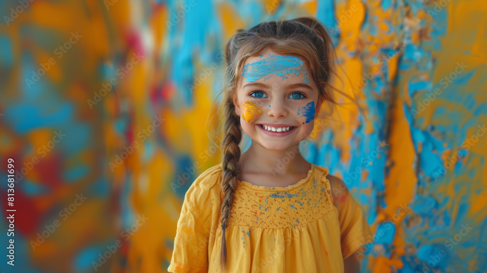 Joyful Young Girl with Colorful Face Paint in Creative Background Joyful Young Girl with Colorful Face Paint in Creative Background