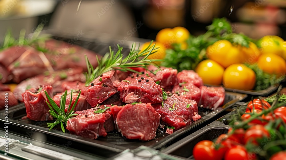 High-detail close-up of raw meat on a butcher shop exhibit counter, perfect clarity for advertising, isolated background, studio lighting High-detail close-up of raw meat on a butcher shop exhibit counter, perfect clarity for advertising, isolated background, studio lighting