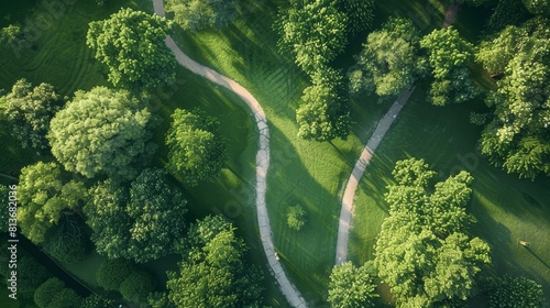 High-detail aerial shot of a park landscape, showcasing natural pathways and tree canopies, isolated for maximum clarity photo