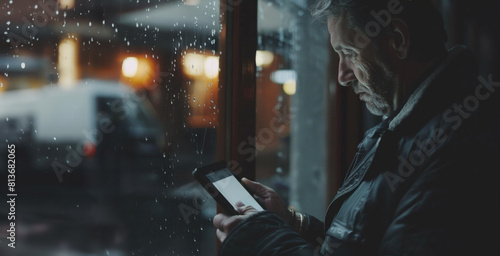 Elderly Gentleman Contemplating While Reading Tablet by Rain-splattered Window