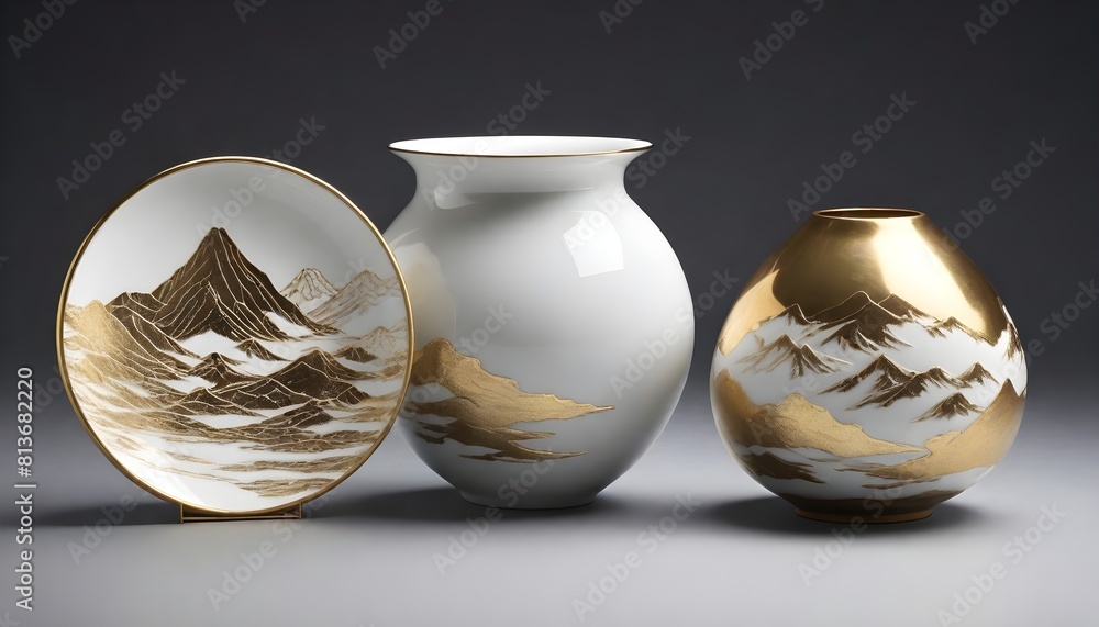 Three elegant vases in gold and white colors featuring intricate mountain patterns Three elegant vases in gold and white colors featuring intricate mountain patterns