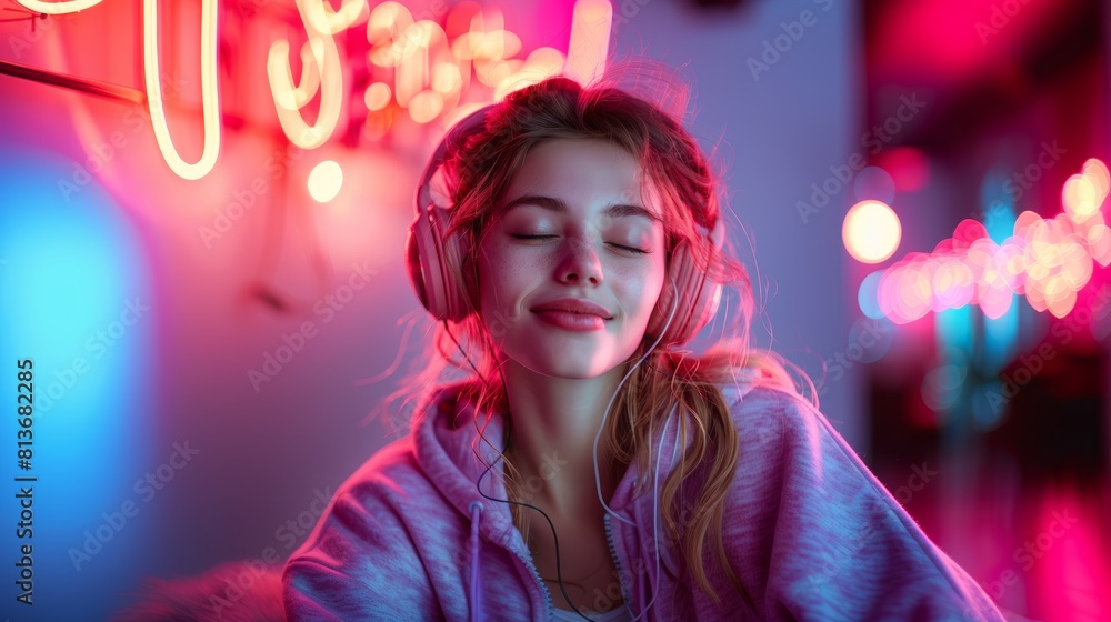 Stylish Teenager Enjoying Music Under Neon Lights, Modern City Vibes and Fashion