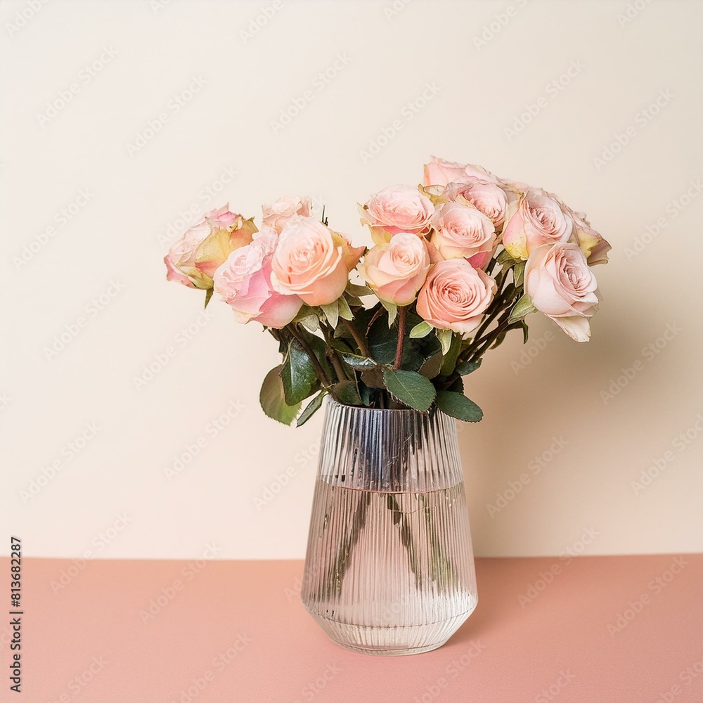 Fototapeta premium Photo d’un vase de roses sur un fond de couleur pastel