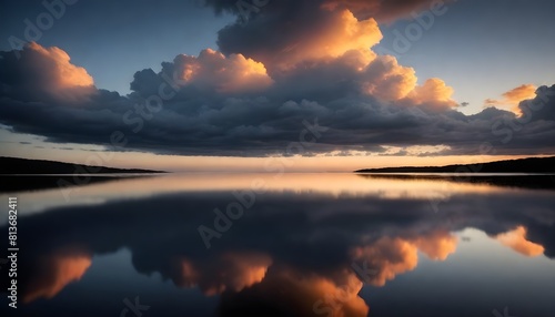 Clouds are mirrored in the calm waters of a lake as the sun sets  creating a serene and picturesque scene