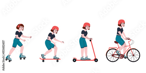 Different poses of woman riding. Female person in doodle style.
