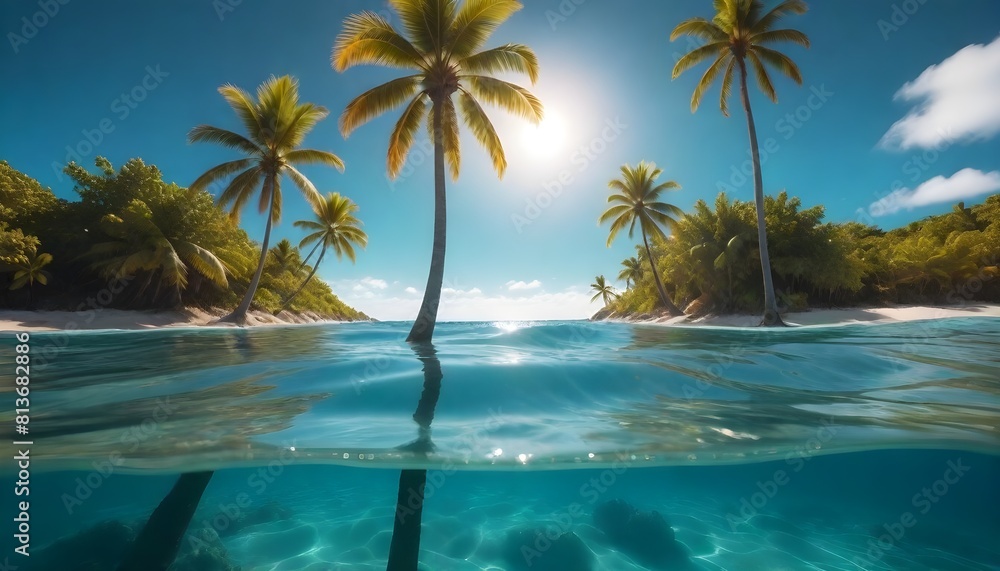 A tropical island with palm trees standing in the crystal clear water of the ocean