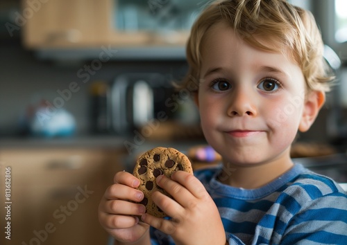Adorable Toddler Enjoying Fresh Chocolate Chip Cookie in Kitchen