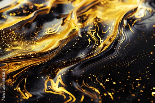 Black and gold liquid. Golden glitter on black background.