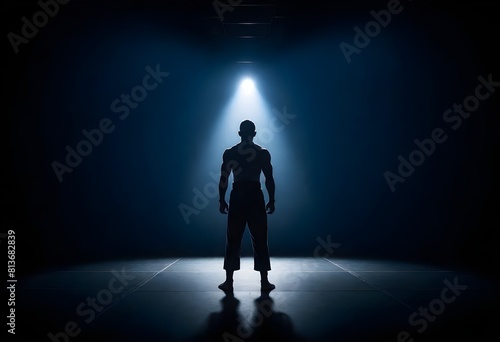 A silhouette of a man standing in a dimly lit room, his outline stark against the darkness