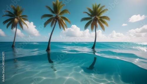 Three palm trees standing in the ocean water with waves crashing around them