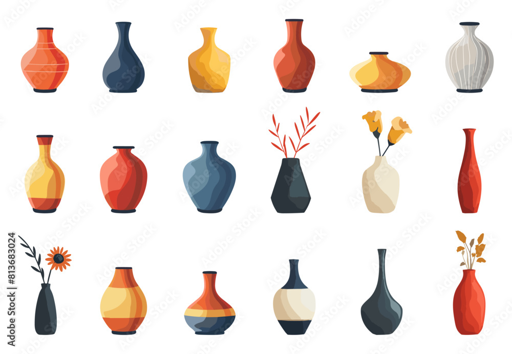 Abstract vases set. Vessels with flowers. Decorative pots vector flat style collection Abstract vases set. Vessels with flowers. Decorative pots vector flat style collection
