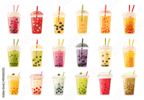 Bubble tea set. Trendy cold summer fruit drinks. Simple flat cartoon style. Colorful vector beverages