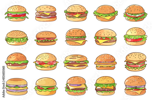 Burger types set. Fast food, cartoon sandwiches with vegetables and cheese, vector collection