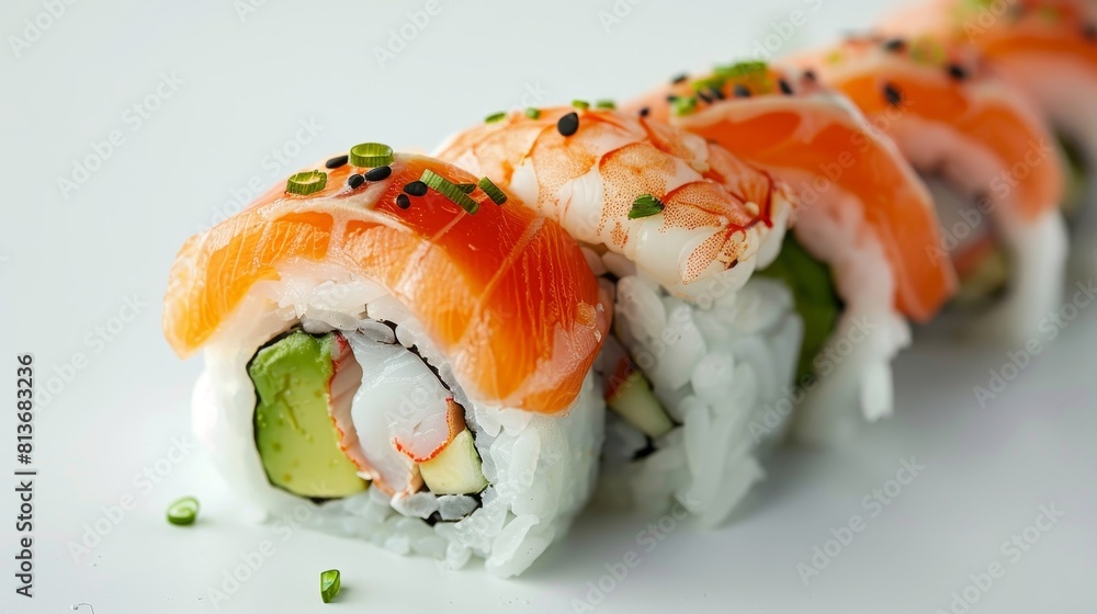 Close-up of a beautifully arranged sushi roll with salmon, shrimp, and avocado, isolated on a white background under studio lighting Close-up of a beautifully arranged sushi roll with salmon, shrimp, and avocado, isolated on a white background under studio lighting