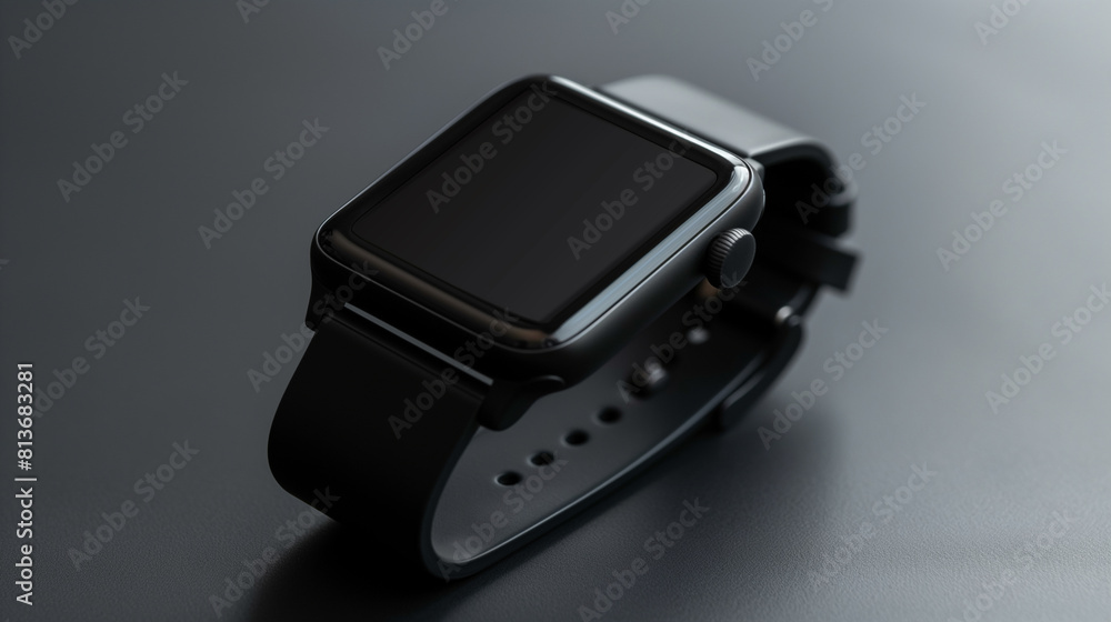 Black smartwatch with blank screen mockup. Close-up of a sleek smartwatch with a blank black screen on a simple background. Electronic device mockup. Black smartwatch with blank screen mockup. Close-up of a sleek smartwatch with a blank black screen on a simple background. Electronic device mockup.