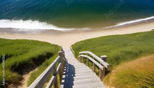Staircase leading down to sandy beach with ocean in background