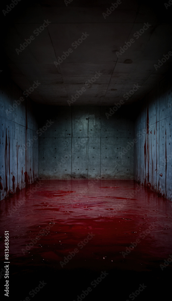 Obraz premium A pool of blood. horror concept art depicting an empty room with a floor soaked in blood, a chilling portrayal of horror. Macabre Sanctuary: Gruesome Bloodbath in Abandoned Horror Setting.