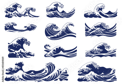 Ocean waves. Flat japanese wave with foam simple design. Dark blue sea elements, nautical vector nature collection