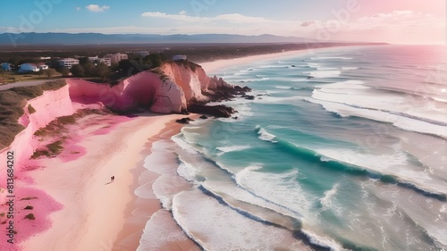 AAmazing aerial image captured by a drone photo of a stunning pink beach bathed in soft sunlight and crashing waves on the coast. Peace and a revitalizing view of the beach.  photo