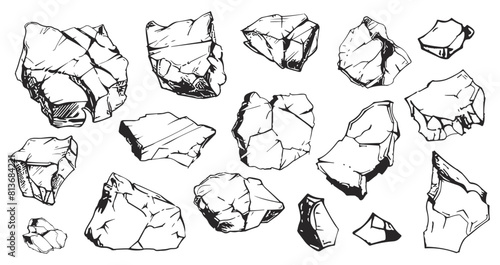 Sketch hatching. Broken stone chalk, pieces on rock and mountains. Natural materials, textures vector set