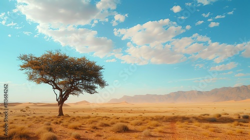 This is a beautiful landscape image of a lonely tree in the middle of a vast desert.