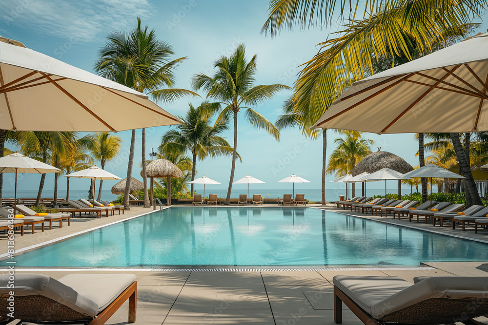 pool in resort, Basking in the luxury of a beachfront resort, a pristine swimming pool awaits beneath the golden rays of the summer sun