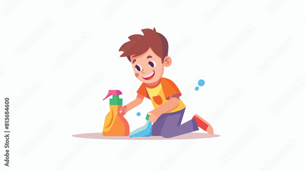 Child playing with detergent. Happy kid in danger risk