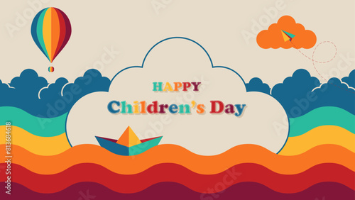 Happy Children's day background with cloud shaped frame, vector illustration