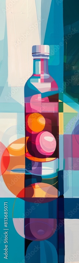 Obraz premium Brightly colored painting of a bottle of liquid with a lot of bubbles
