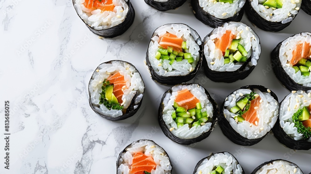 Artistic close-up of sushi roll with rice and bright green garnish, expertly lit in a studio setting with isolated background for ads Artistic close-up of sushi roll with rice and bright green garnish, expertly lit in a studio setting with isolated background for ads
