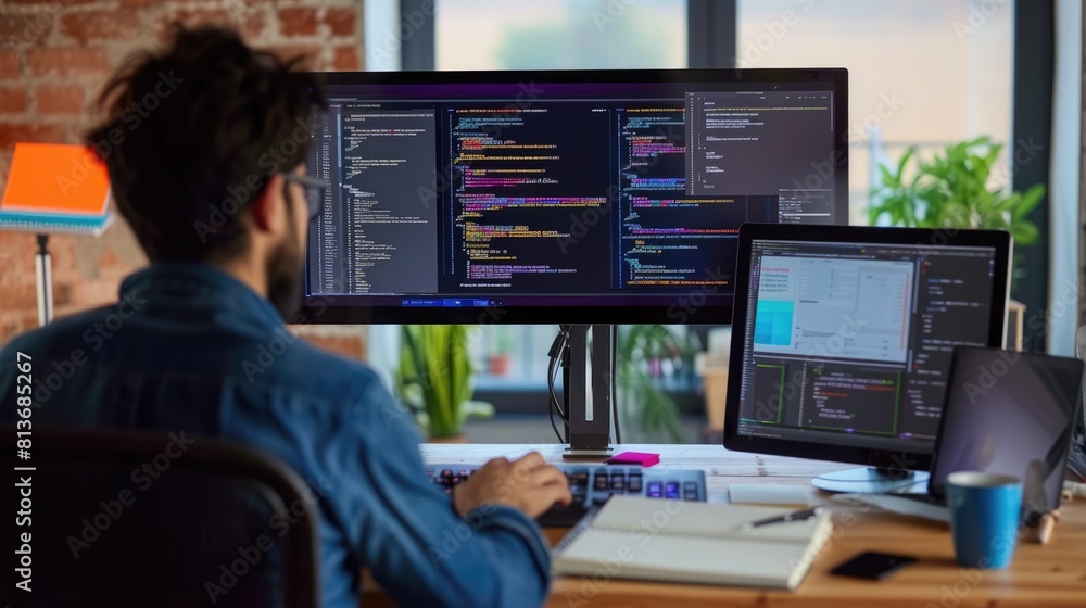 A focused software developer codes on a dual monitor setup in a modern office environment with a minimalist aesthetic. AIG41