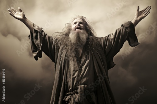Bearded man dressed in ancient robes lifts his arms towards a stormy sky, evoking a biblical scene