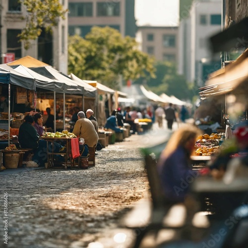A street market scene with outdoor seating