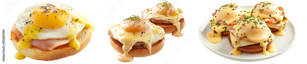 Eggs Benedict- toasted English muffins, ham, poached eggs, and delicious buttery hollandaise sauce in plate, closeup, isolated transparent png Eggs Benedict- toasted English muffins, ham, poached eggs, and delicious buttery hollandaise sauce in plate, closeup, isolated transparent png