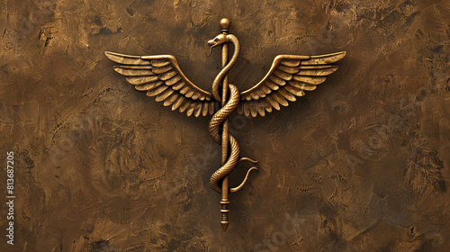 A bronze caduceus is mounted on a wooden background.